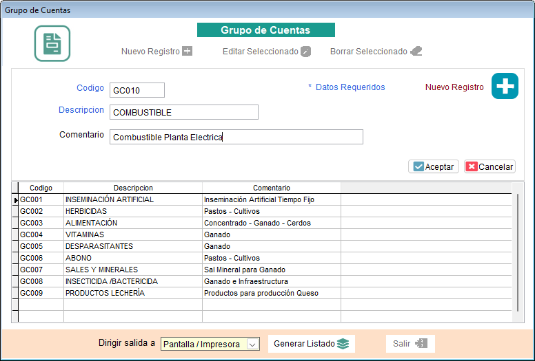 Registro de Grupo de Cuentas - PROGAN Software Ganadero.